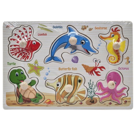 Дерев'яний пазл-вкладиш Морські тварини 53972-6 ручка-тримач, у плівці