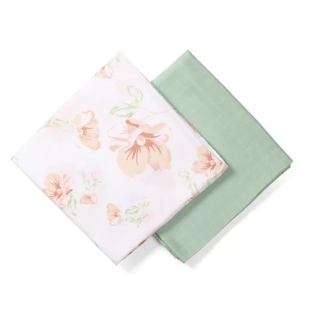 Пелюшки муслинові з бамбукового волокна (120х120 см) 2 шт. (М'ятний та білий з квіточками)